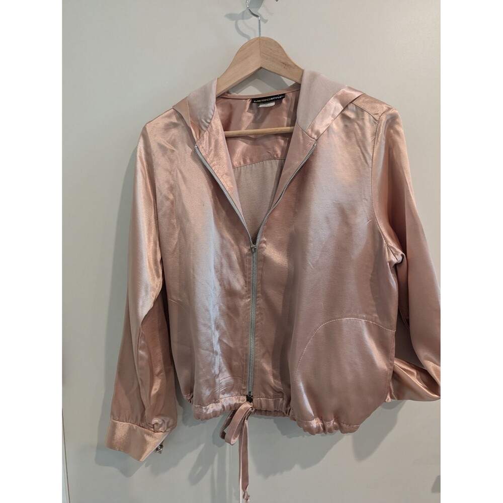 metrostyle Satin Hooded Bomber Jacket - Rose Gold